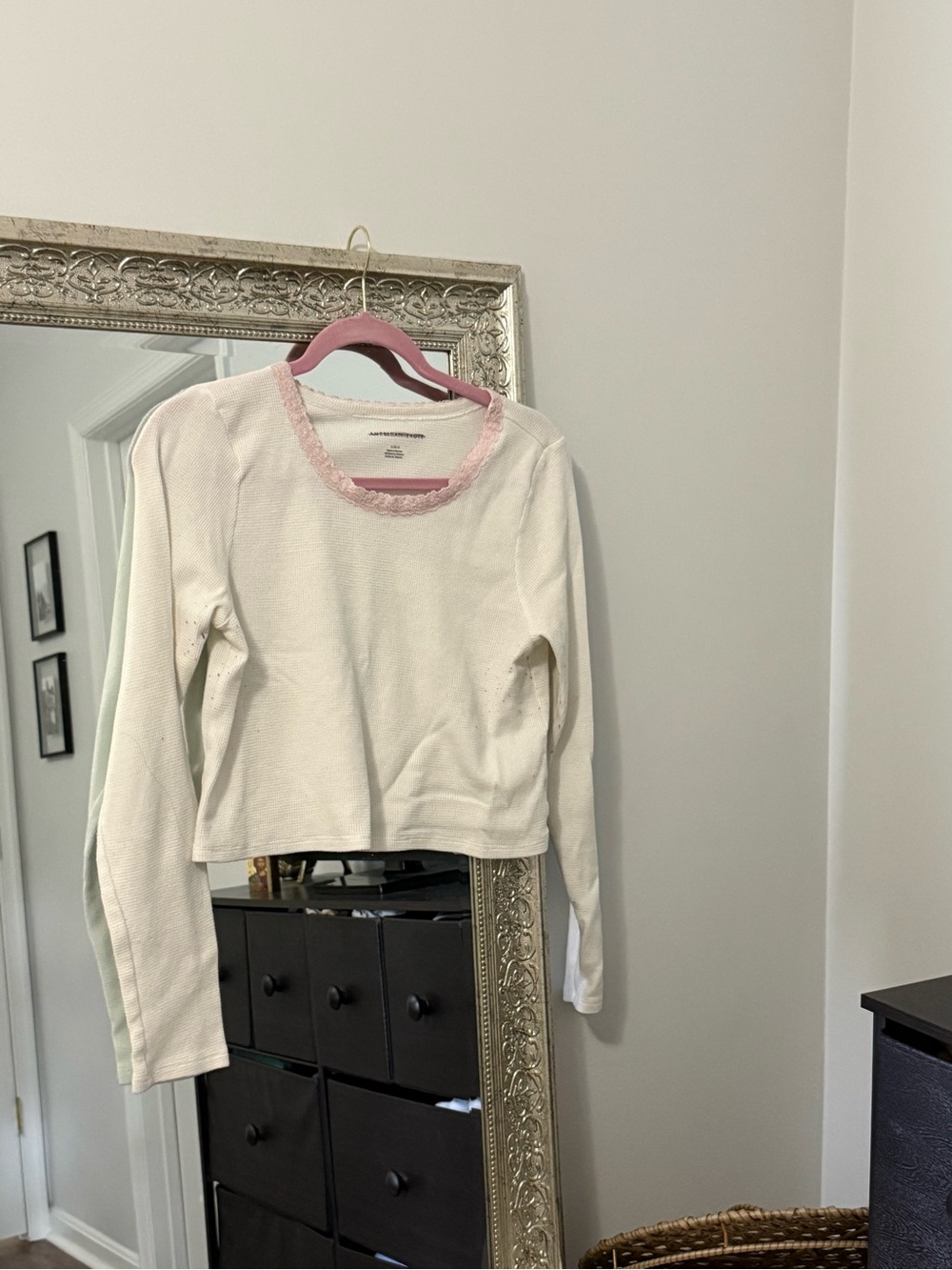 American Eagle Outfitters Cream Long-Sleeve Top with Pink Trim